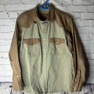 Forge workwear men’s denim long sleeve button up shirt Size large, 2 toned brown